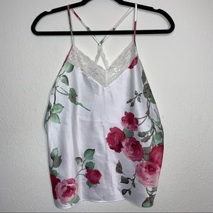 White Satin Pink Floral Tank with lace Size s